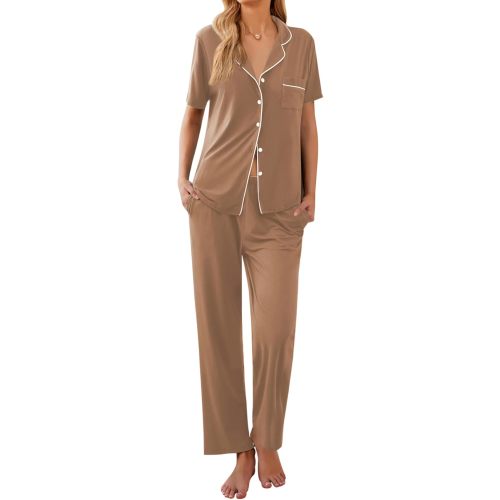 Ekouaer Women Pajamas Set Button Down Sleepwear Short Sleeve Nightwear with Long Pants Soft Pjs Set S-XXL
