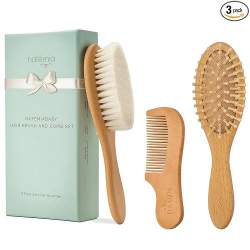Wooden Baby Hair Brush & Comb Set - Pack of 3, Oval - Natural Goat Hair Bristles & Soft Bristle Brush - Gentle Scalp Massage & Cradle Cap Comb - For Newborns & Toddlers, Baby Grooming Kit