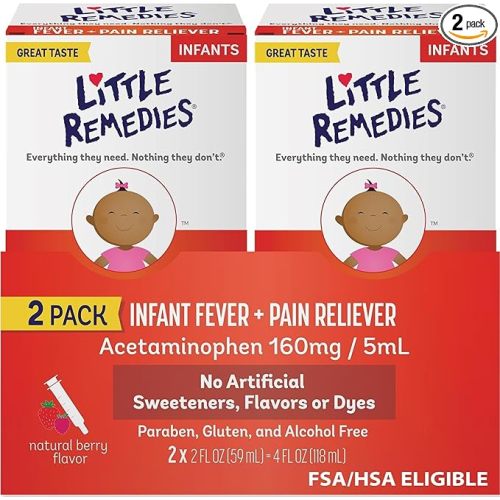 Little Remedies Infant Fever & Pain Reliever with Acetaminophen, Baby Medicine with No Artificial Sweeteners, Flavors or Dyes, Natural Berry Flavor, 2 Fl Oz, Pack of 2
