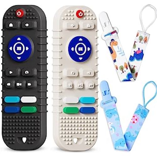 Scuwtocn 2 Pack Silicone Baby Teething Toys, Remote Control Shape Teething Toys for Babies 6-12 Months, BPA Free Baby Teethers Relief Soothe Toys, Baby Chew Toys for Toddlers Boy Girl - Black & White