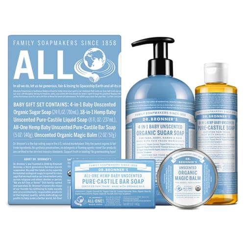 Dr. Bronner's Baby Unscented Gift Set - Pure-Castile Liquid and Bar Soaps, Organic Magic Balm, and 4-in-1 Organic Sugar Pump Soap
