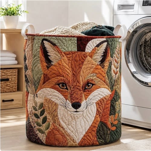 Woodland Fox Quilted Laundry Basket, Autumn Forest Storage Bin, Cute Fox Laundry Hamper, Cottagecore Decor, Gift for Mom, Home Organization