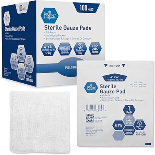 MED PRIDE Sterile Gauze Dressing Pads Individually Wrapped, Nonstick 12-Ply Cotton, Highly Absorbent for Wound Care (4x4 Inch (Pack of 100))