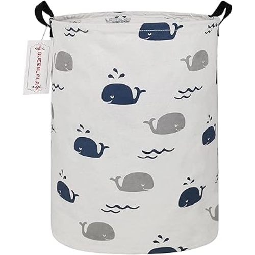 QUEENLALA Large Storage Basket,Laundry Hamper/Bathroom/Home Decor/Collapsible Round Storage Bin,Boys and Girls Hamper/Boxes/Clothing(Round-Blue Cute Whale)