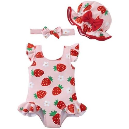 Renotemy Baby Girl Swimsuit Infant Bathing Suit Swimwear Sleeveless Bikini Tankini Toddler Girl One-Piece Swimsuit with Hat