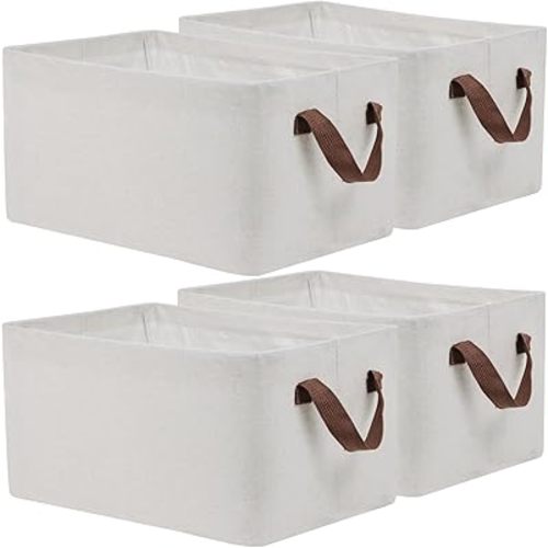 4 Pcs Fabric Storage Bins, Organization Baskets for Shelves, 15" Linen Closet Organizer with Handles, Metal Frame, Natural Color, Shelves Basket for Organizing, White