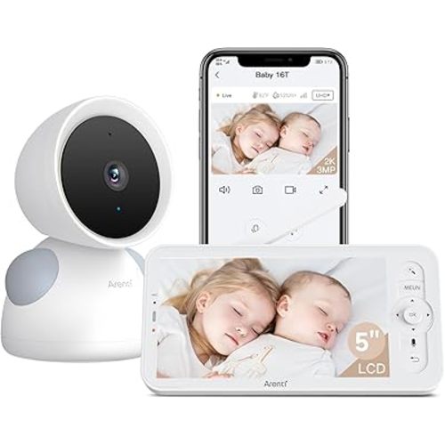 ARENTI Baby Monitor, 2K/3MP WiFi 6 Camera and Audio, 5-inch Wireless Screen, Smartphone App, Super Night Vision, Crying Detection, Auto Tracking, Temp&Humidity Sensor, Cloud&SD Card Storage (D3 Kit)