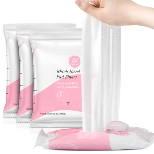 UHdod Postpartum Witch Hazel Pads, Perineal Wipes Cooling Pad Liners 48 Ct | Postpartum Care Essentials, Soothing Witch Hazel & Cooling Comfort, Full-Length Liners for Perineal Area, 4 Pack - 48 Counts