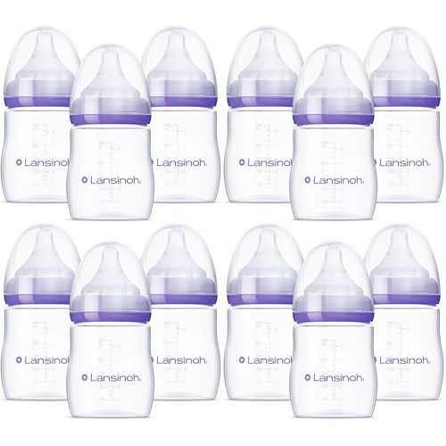 Lansinoh Anti-Colic Baby Bottles, BPA-Free Plastic, 5 Ounces, Slow Flow Nipples (Size S), Breastfeeding Bottle with NaturalWave Design, Baby Essentials (Pack of 12)