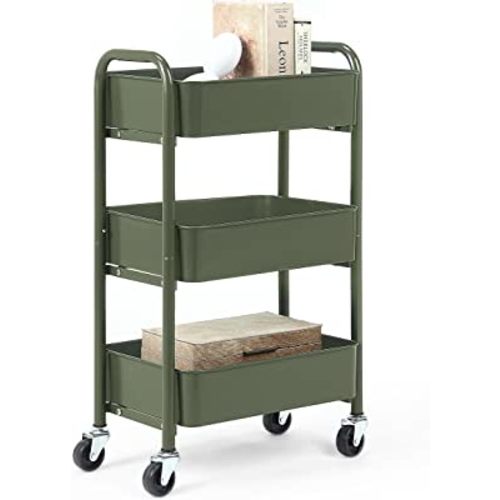 SunnyPoint 3-Tier Delicate Compact Rolling Metal Storage Organizer - Mobile Utility Cart Kitchen/Under Desk Cart with Caster Wheels (Army, Compact (15.5" X 26.8" X 10.27"))