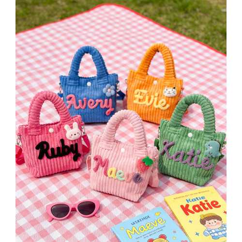 Personalized Toddler Purse with Cute Charm Custom Name Corduroy Kids Crossbody Bag/Handmade Yarn Letters/Birthday Gift Preschool Daycare Bag
