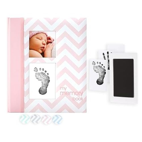 Pearhead Baby Memory Book, First 5 Years Baby Milestone Book, Pregnancy Journal, Gender Neutral Newborn Keepsake, With Clean-Touch Ink Pad For Baby's Handprint or Footprint, Pink Chevron