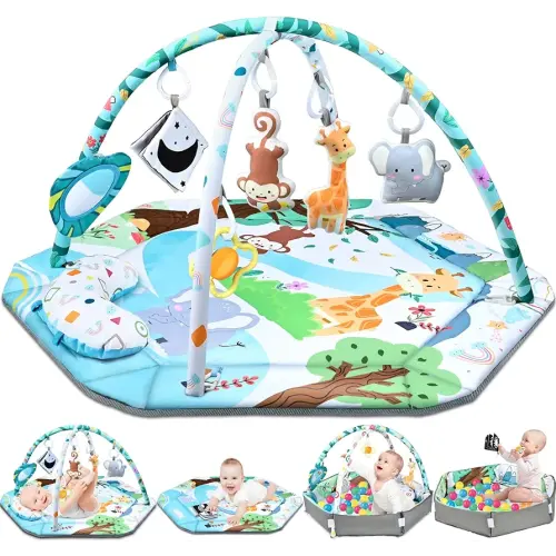 Baby Gym Play Mat, 8-in-1 Tummy Time Mat & Ball Pit with 6 Toys, Washable Baby Activity Play Mat for Visual, Hearing, Sensory, Motor Development, Baby Toys Gift for Toddler Infant 0-3-6-9-12 Months