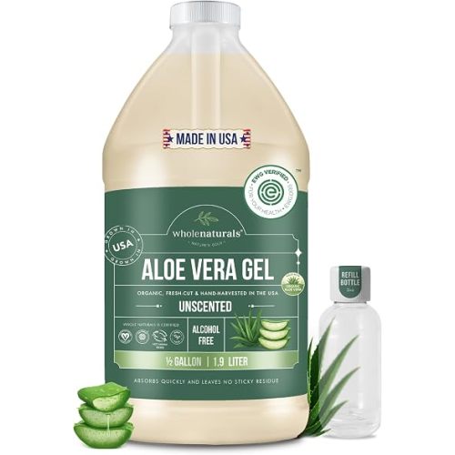 WHOLENATURALS Organic Aloe Vera Gel, EWG Verified, Unscented, From Freshly Cut 100% Pure Aloe, Pure Cold Pressed, Grown in USA, For Face, Skin, Hair & Sunburn Relief, Vegan Certified, 64oz
