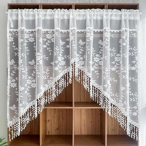 1 Panel Luxury White Floral Sheer Arched Valance with Tassels for Doorway Cabinet Decor Rod Pocket Top Light-filtering Embroidery Privacy Tulle Valance for Living Room Bedroom (White,W78 L47 inch)