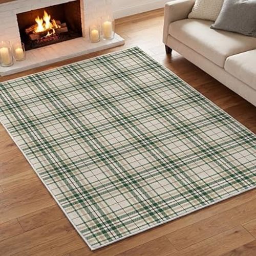 Artoid Mode Green Beige Design Sense Plaid Area Rug, Home Decor Low-Profile Washable Area Rugs for Bedroom Laundry Room Dining Room Kids Nursery Indoor 5x7 Feet