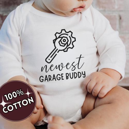 newest garage buddy baby bodysuit, cute mechanic baby outfit, baby announcement, newborn baby gift, daddy’s garage partner onesie®