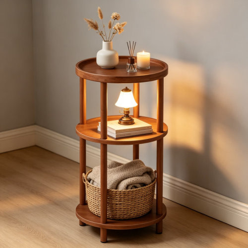 Ebern Designs Small Round Side Table with Charging Station, 3-Tier Bamboo End Table, Compact Sofa Bedside Table for Small Spaces, Easy Assembly, Living Room Bedroom Apartment | Wayfair