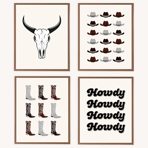 VNWEK Retro Beige Brown Preppy Howdy Western Bull Skull Cowboy Hat Boots Wall Art Poster Prints Unframed 8”x10”Set Of 4,Western Preppy Decorations for Home Preppy Room Dorm,Teen Girls Gifts (8x10inch)