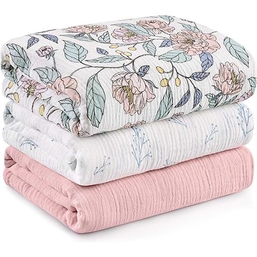 Muslin Swaddle Blankets for Newborn, 3 Pack Breathable Soft Receiving Blanket, Large 38 x 40 inches Swaddle Wrap Burping Clothes, Essentials Infant Shower Items, Toddler Gift (Cute Flower, 3 Pack)