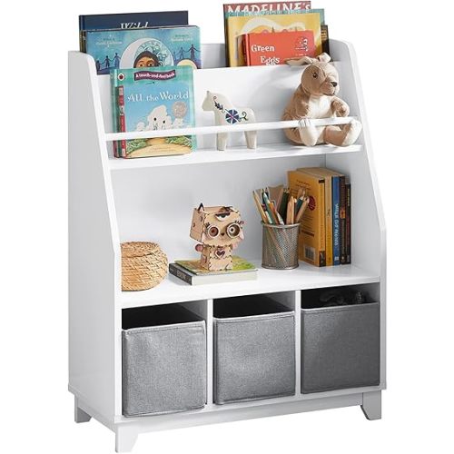 SoBuy Kids Bookshelf with Storage Bins – Montessori Bookshelf for Toddlers, Baby Book Shelf, Nursery Book Shelves, White Corner Bookcase KMB34-W