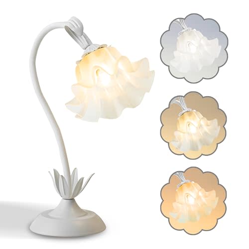 AQDZCNF Flower Table Lamp,LED Reading Light Bedside Vintage Flower Night Light,3 Colors Modes Kawaii Bedside Lamps Decor,Living Room Bedroom Room Lighting Table Lamps Home Decoration (White)