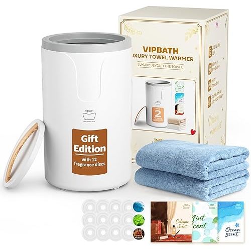 20L Luxury Towel Warmer Gift-Ready Box, Dual Heat, 30/60/90 Min Presets, Stainless Steel Interior, Tip-Over Auto Shut-Off, Includes 12 Fragrance Discs, Perfect Spa Gift for Home & Bathroom