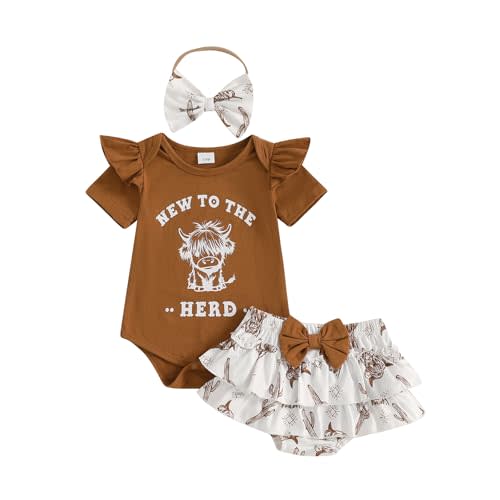 Gaono Western Baby Girl Summer Clothes Cow Print Short Sleeve Romper Ruffle Shorts Set Infant Cowgirl Outfits