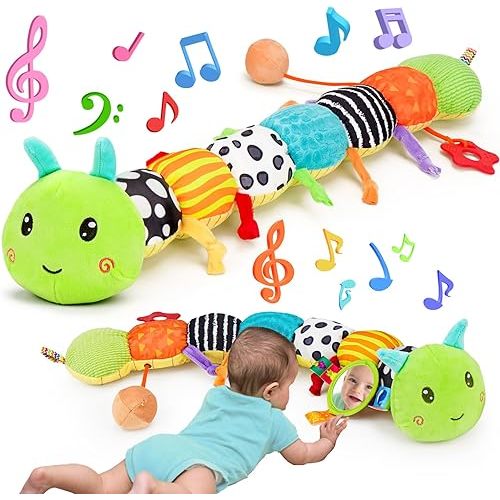 Baby Sensory Toy 0-6 Month Music Animal Stuffed Plush Caterpillar Toy for Infant 0-3-6 Month Tummy Time with Baby Mirror Crinkle Rattle for 6-12 Month Carseat Toy for Newborn Boys Girls Shower Gifts