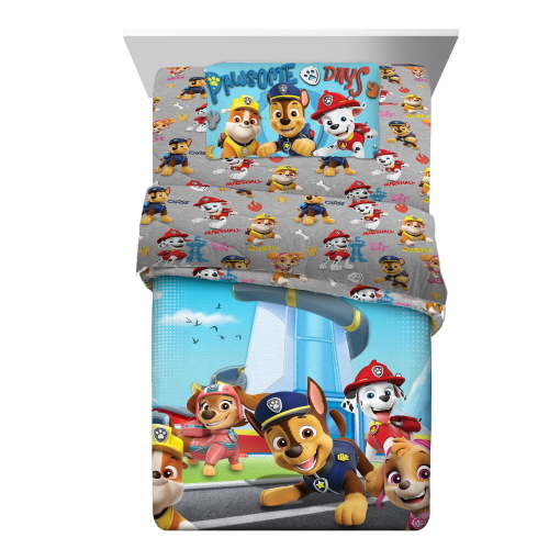 PAW Patrol Kids 4 Piece Blue Gray Reversible Comforter, Bed in a Bag, Twin