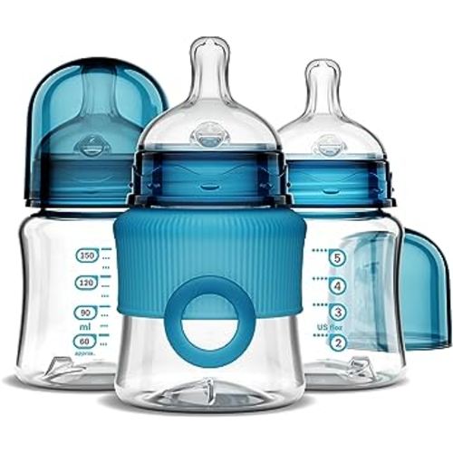 Smilo Baby Bottle Set with Stage 0 Slow Flow Anti Colic Nipple, 5 Oz / 150 ml Capacity, 3X Pack of Anti Colic Baby Bottles 0-3 Months - Aqua Blue