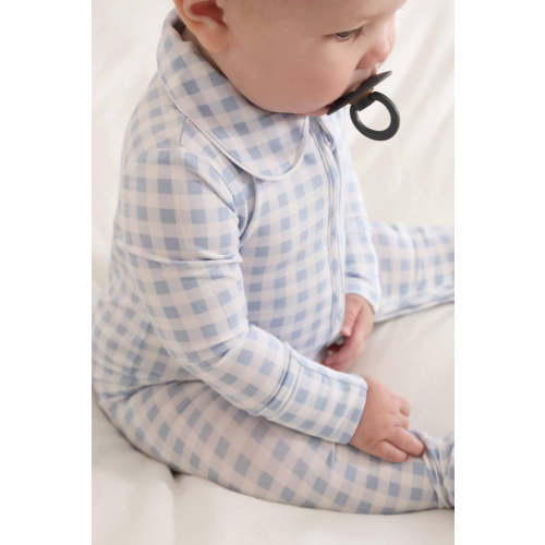 Peter Pan Collar Zipper Footie | Dusty Blue Gingham