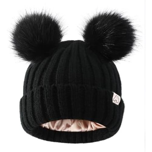 Hat Hut Toddler Beanie Satin Lined Beanie for Baby Winter Hats for Kids Pom Pom Beanie for Boys Girls