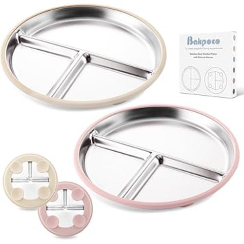 Stainless Steel Baby Plate with Suction, 9” Divided Toddler Plates with Removable Silicone Sleeves for Kids, Non-Toxic Non-Slip Unbreakable Dishwasher Safe Dinnerware Set of 2, Pink & Beige