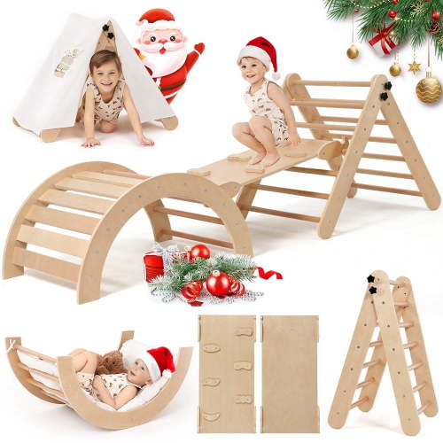 Pikler Triangle Set, Caveen 8 in 1 Montessori Climbing Set, Wooden Climbing Toys, with Arch, Ramp, Ladder, Tent and Cushion, Indoor Jungle Gym for Toddlers 0.5-6 Years Old