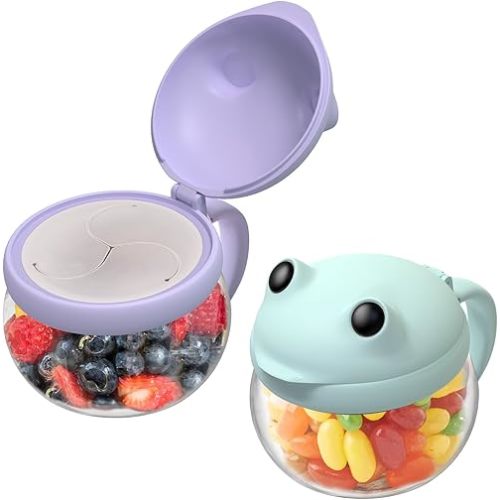 BeneLabel 2 Pack 12.3 Oz Snack Cups for Toddlers Spill Proof Food Grade Tritan Baby Snack Container with Cute Frog Lid and Handle PVC Free Kids Snack Catcher Fit for On-the-Go (Green & Purple)