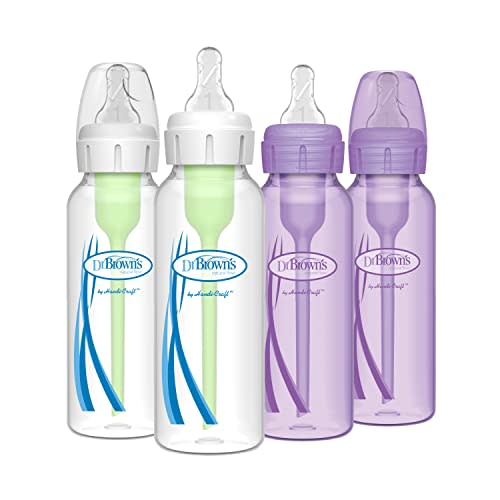Dr. Brown’s Natural Flow® Anti-Colic Options+™ Narrow Baby Bottles, 8 oz/250ml, with Level 1 Slow Flow Nipple, 4 Pack, Purple/Clear