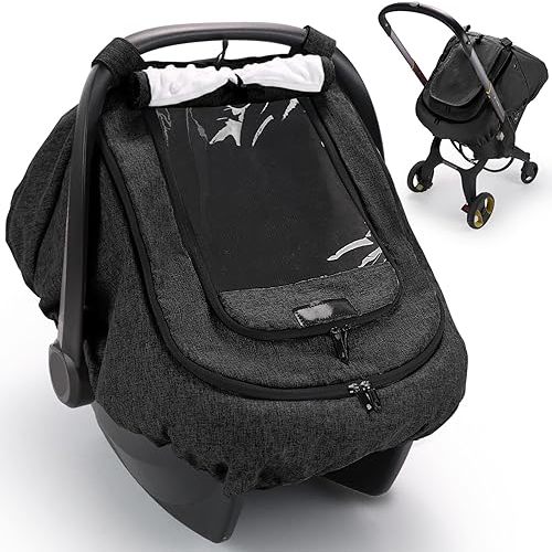 Waterproof Car Seat Cover for Baby, 2-Layer Car Seat Rain Cover with Clear Window & Sunshade & Mesh Cover, Universal Infant Carseat Canopy for Stroller, Protect from Rain and Snow - Black