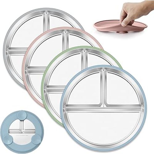E-far Stainless Steel Toddler Plates with Suction - 9" Kids Plates, 4-Pack Divided Unbreakable & Non-Slip Baby Dishes with Removable Silicone Sleeves, Dishwasher Safe