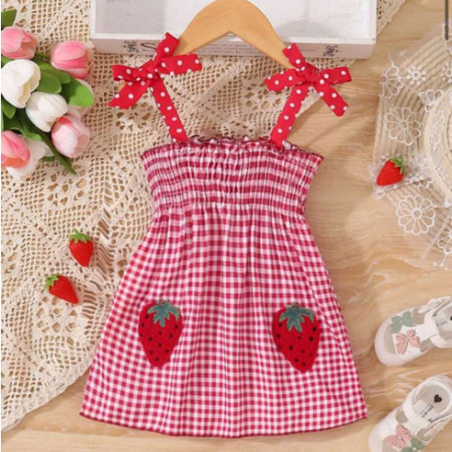 SHEIN Baby Girl Casual Cute Red And White Plaid Strawberry Applique Towel 3d Bowknot Sleeveless Dress, Spring/Summer, For Christmas | SHEIN USA