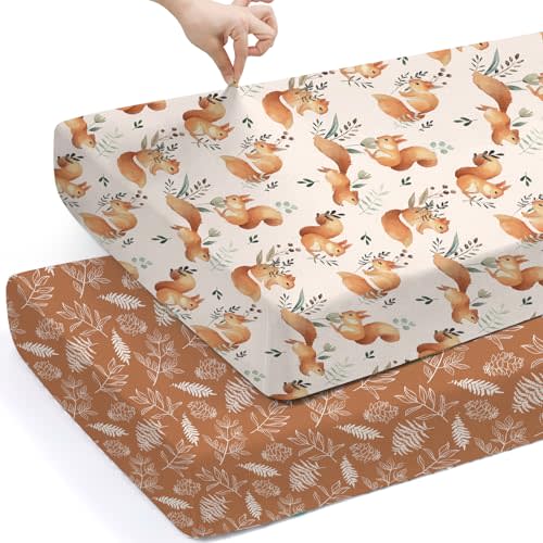 BROLEX Baby Fitted Crib Sheets: Kid Crib Sheets - Set of 2 for Toddler Standard Size Crib Mattress for Boys and Girls - Jersey Knit Crib Bed Sheets Squirrel&Foliage