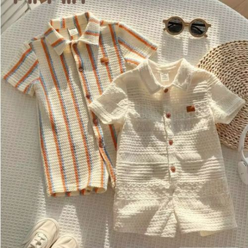 SHEIN 2pcs Newborn Baby Boy Unisex Baby Clothes Cute Summer Casual Knit Striped Polo Collar Short Sleeve Romper 2-Piece Set Suitable For Birthday Party, Rave, Evening Party, Performance, Wedding, Full Moon, Baptism And First Birthday Celebration, Wedding