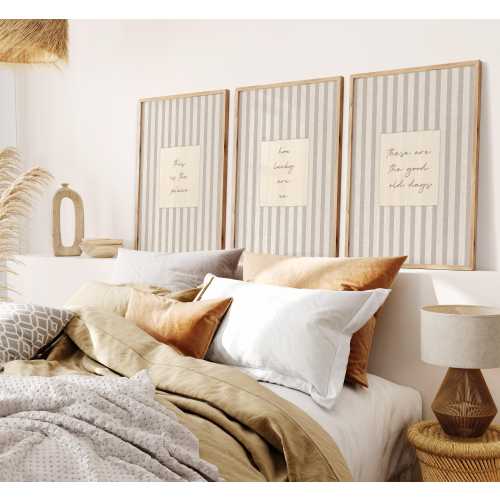 Set of 3 Beige Linen Effect Stripe Quotes How Lucky Are We Wall Art (Unframed PHYSICAL Print)
