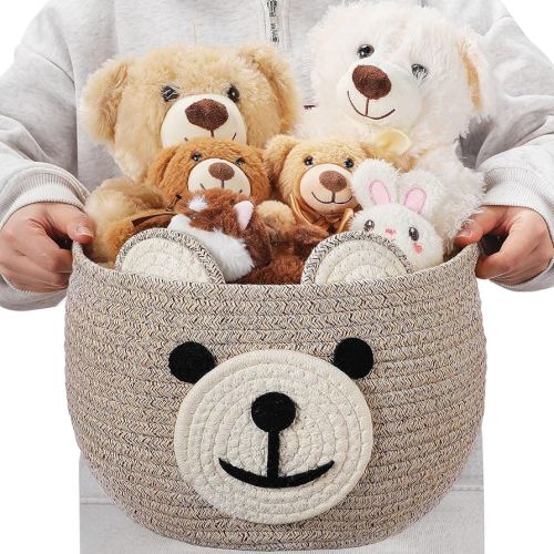 Zopeal Bear Basket 13" D x 9.5" H for Nursery Cotton Rope Woven Cute Storage Basket with Handles Animal Hamper for Baby Shower Laundry Bathroom Home Decorative
