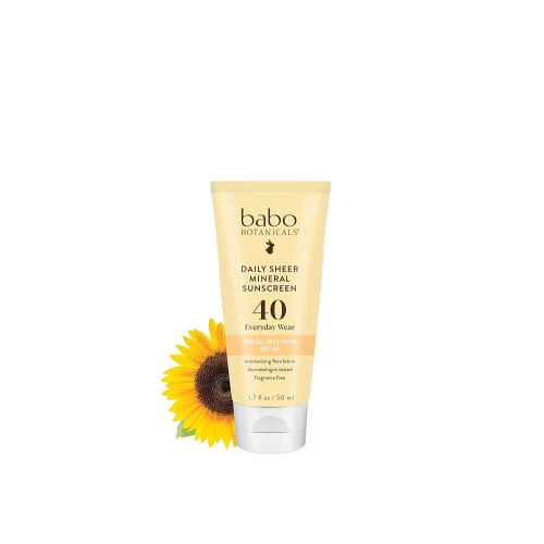 Babo Botanicals Daily Sheer Mineral Face Sunscreen Lotion SPF40 - Natural Zinc Oxide & Titanium Dioxide - 70% Organic Ingredients - Raspberry Oil & Aloe Vera - Fragrance Free - For Face - For all ages