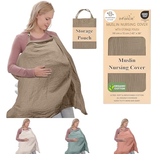 100% Organic Cotton Nursing Cover & Shawl - 43 x 28 Inch Breathable Muslin Breastfeeding Nursing Apron Cover with Arch Neckline for Mothers, Multi-use Carseat Canopy (Beige)