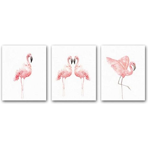 HPNIUB Nordic Flamingo Wall Art Prints Set Of 3 (8”X10”Canvas Watercolor Animals Painting Modern Wall Decor For Nursery Cafe, No Frame