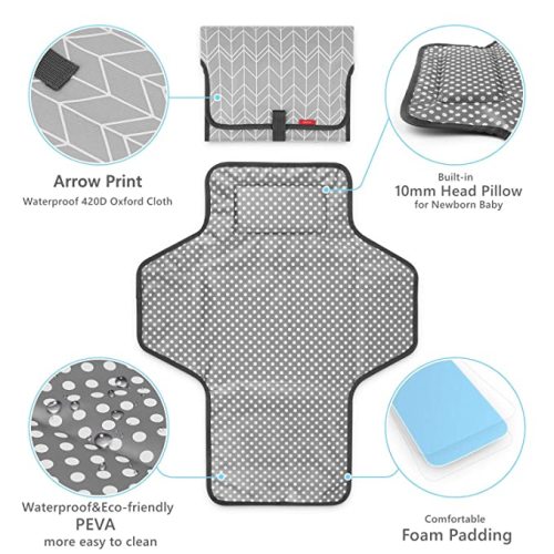 Portable Changing Pad for Baby, Waterproof Travel Changing Pads for Moms, Dads, with Built-in Pillow, Excellent Baby Shower, Registry Gifts
