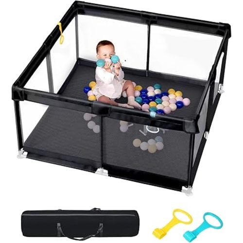 dearlomum Baby Playpen with Non Removable Mat, Extra Large Play Yard for Babies & Toddlers, Portable Travel Playpen, Baby Activity Center for Indoor & Outdoor Use (Black 50"×50")