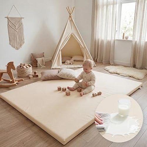 Huloo Sleep Waterproof Baby Play Mat for Floor,74x50 Padded Playpen Mat with Vegan Leather Cover,1.3" Thick Cushion Foam Nursery Rug for Infants,Toddlers & Kids,Non-Slip & Non-Toxic(Beige)